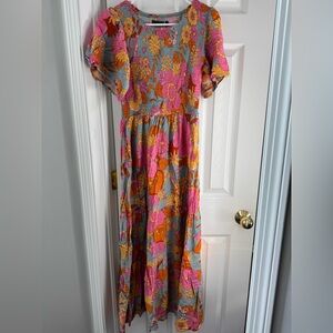 ZESICA Women's Floral Print Short Flutter Sleeve Smocked  Flowy Maxi Dress